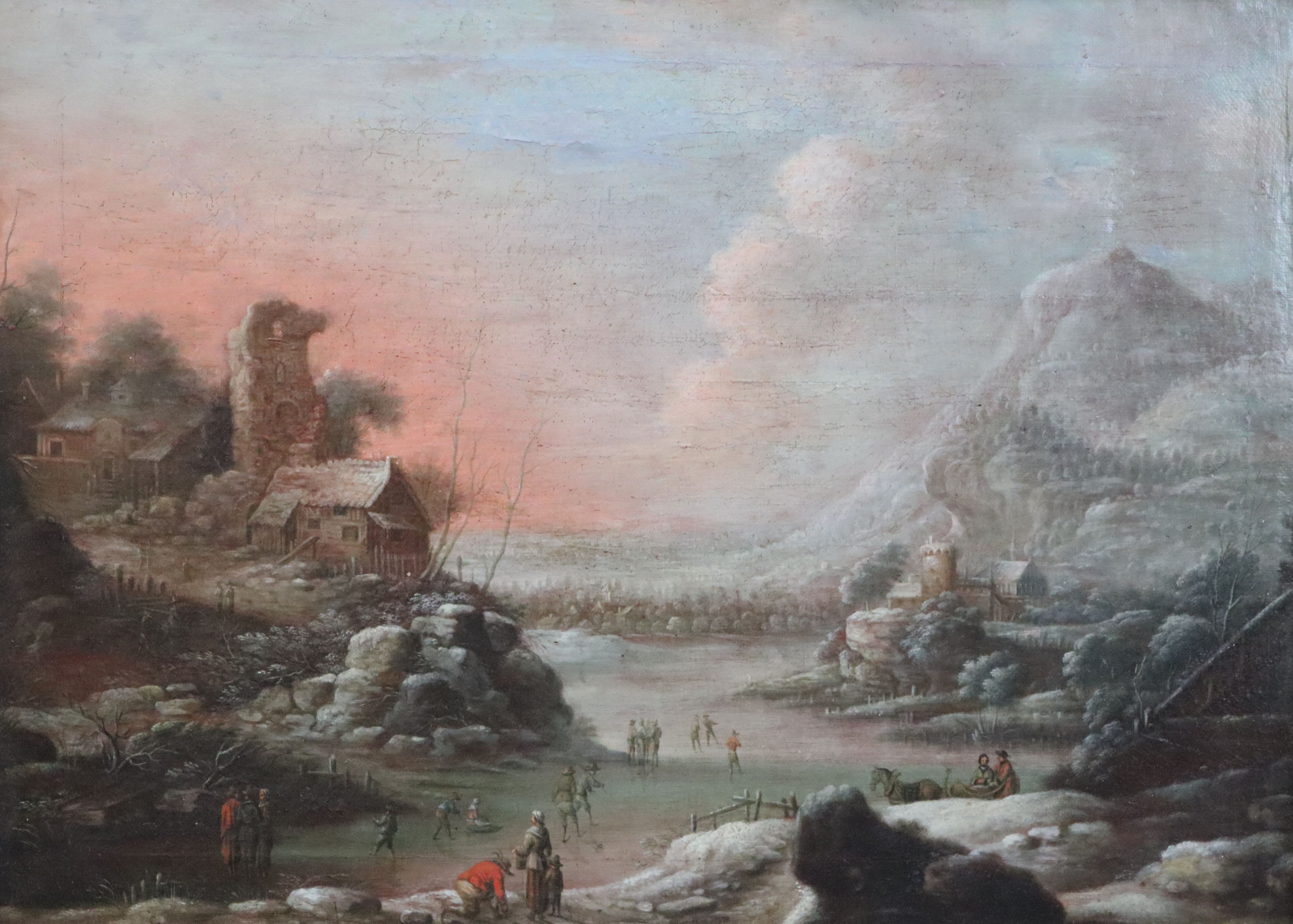 Follower of Rutger Verburg (Dutch 1678-1746) Winter landscape with skaters 13 x 18.5in.